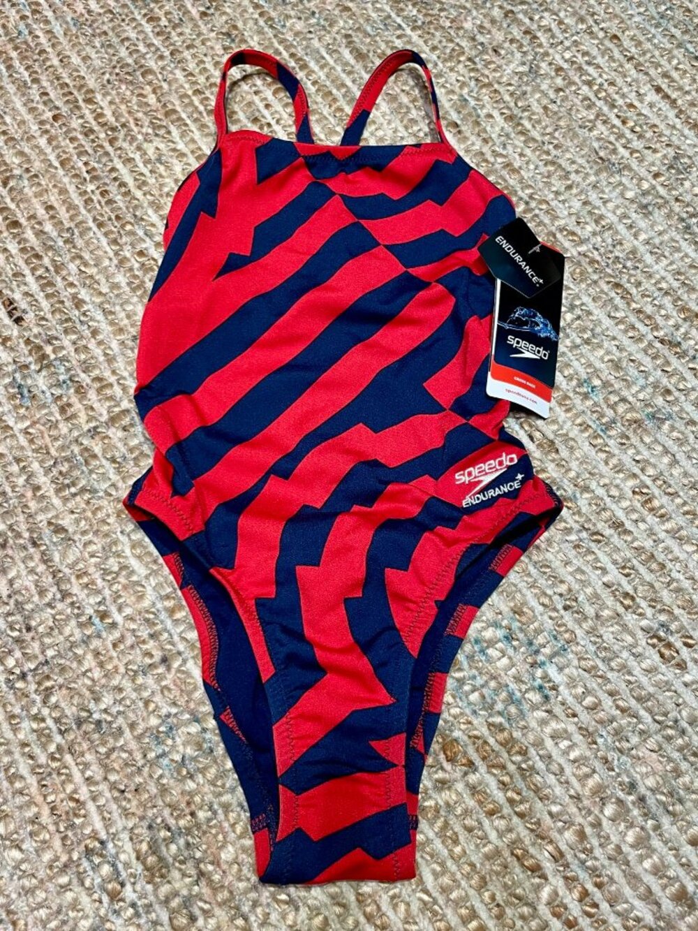Speedo Endurance+ Racing Cut Cross Back Red and Blue Swimsuit Girls 22 NWT